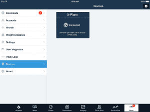 When using either X-Plane or MS Flight Sim with ForeFlight, you'll see connection status in the Devices section of the app.